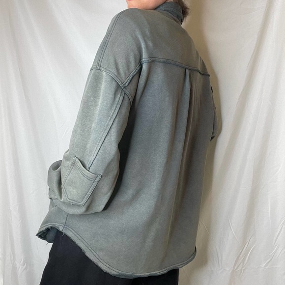 Pol French terry oversized shacket jacket green button front vintage wash faded - Picture 14 of 16